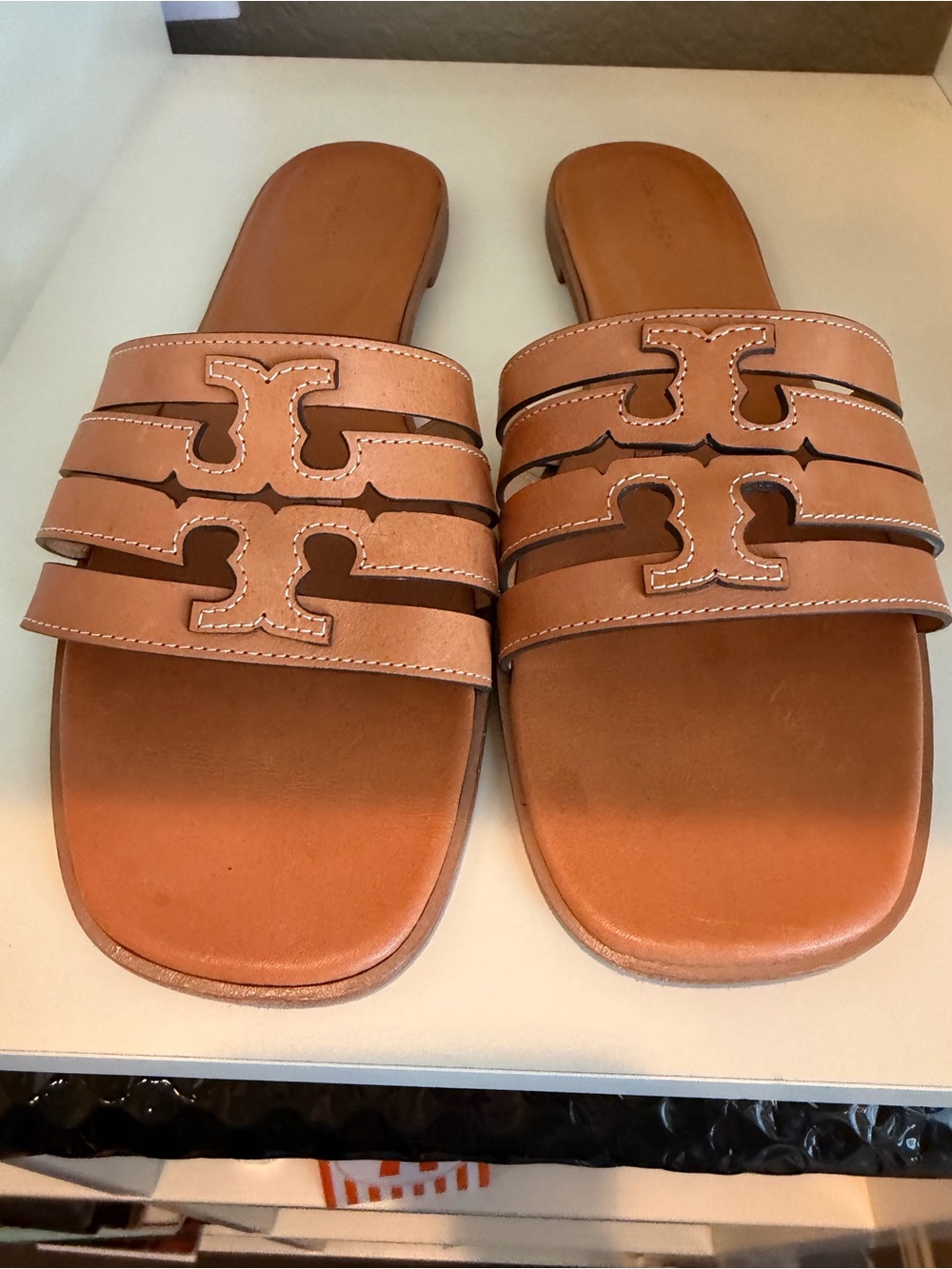 Tory Burch Tan Triple-Strap Logo Slide Sandals